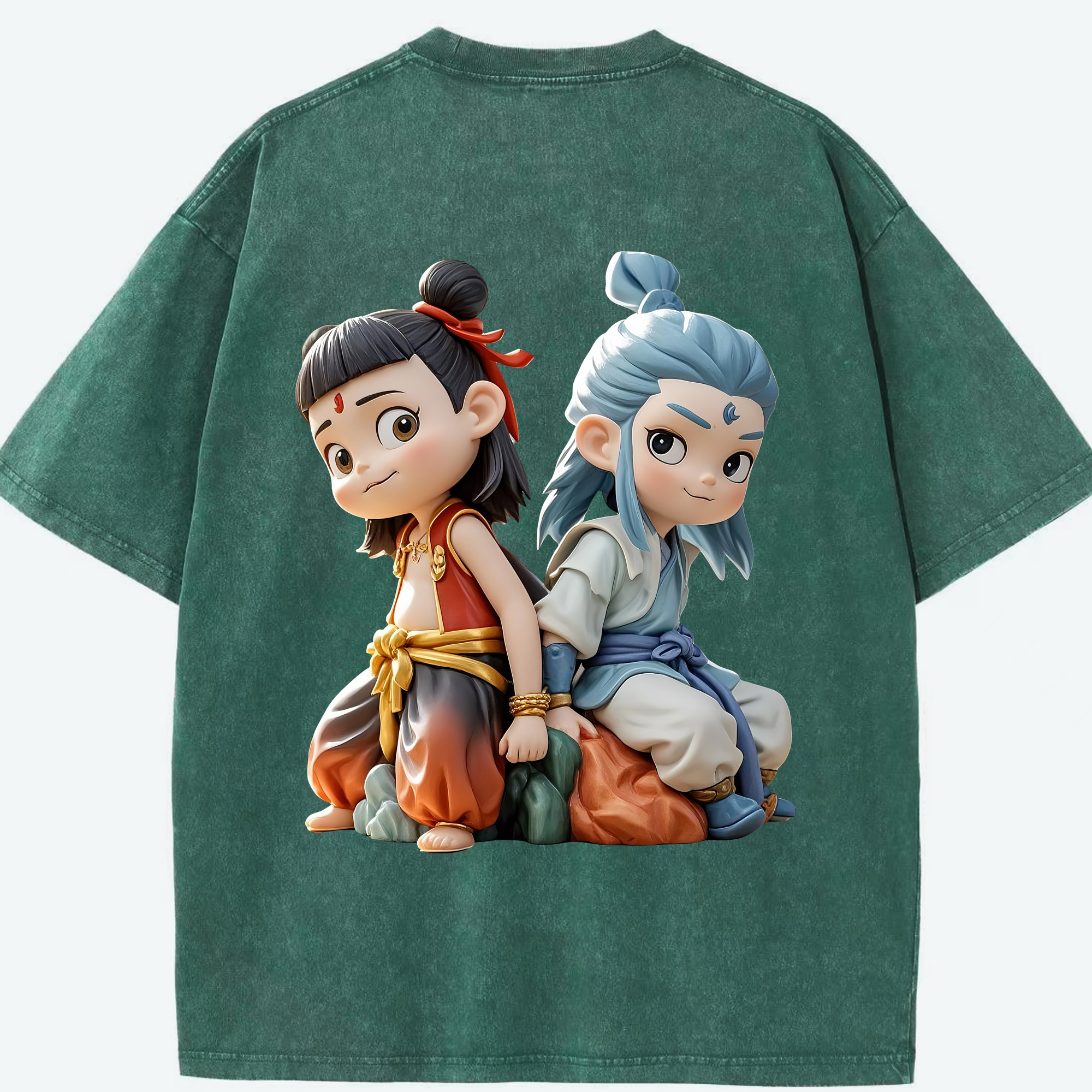 （画像用） Ne Zha 2 ナタ 魔童の大暴れ 綿100% ヴィンテージ風 半袖Tシャツ（背面プリント）